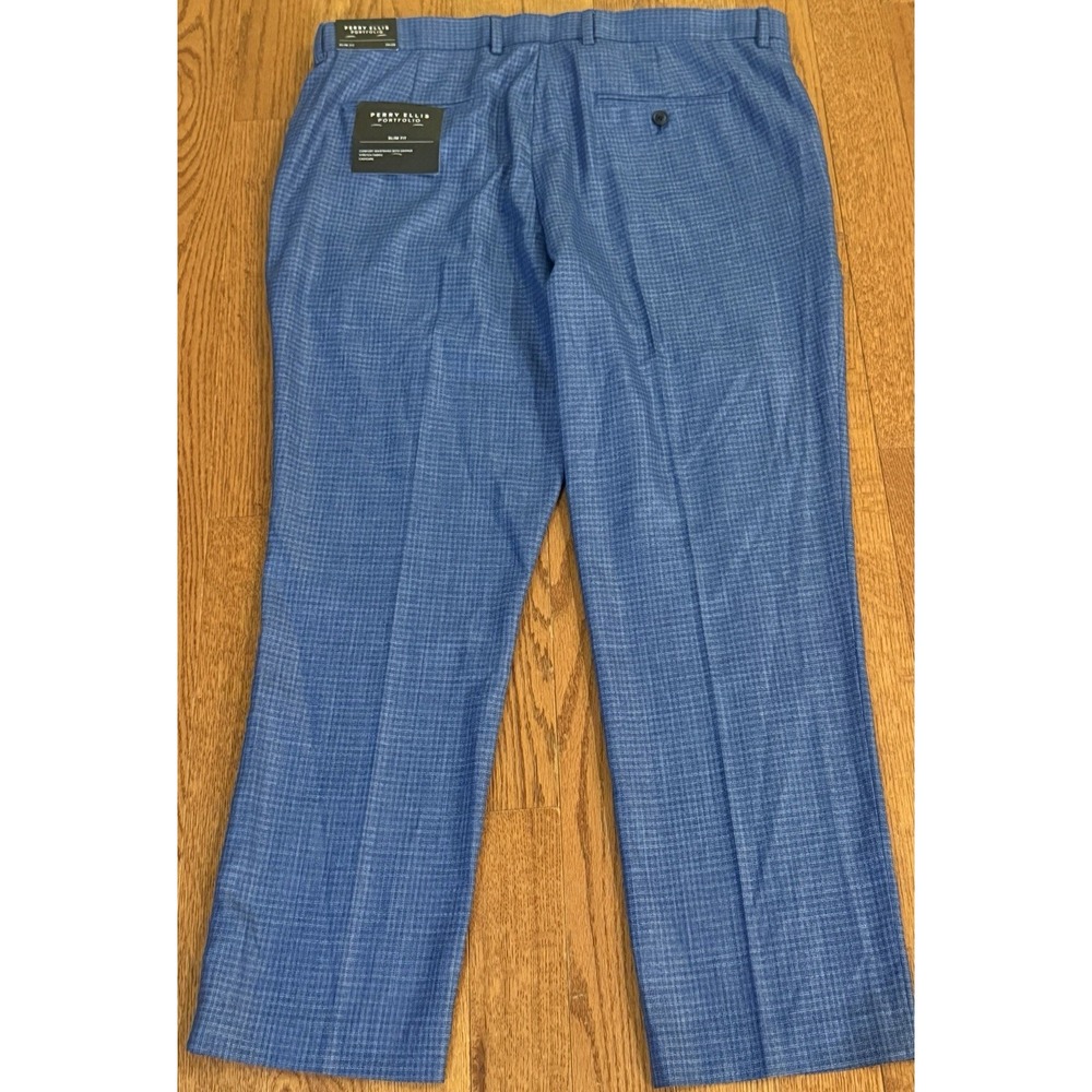 Perry Ellis Portfolio Mens Blue Plaid Slim Fit Pattern Dress Pant Size 38X29